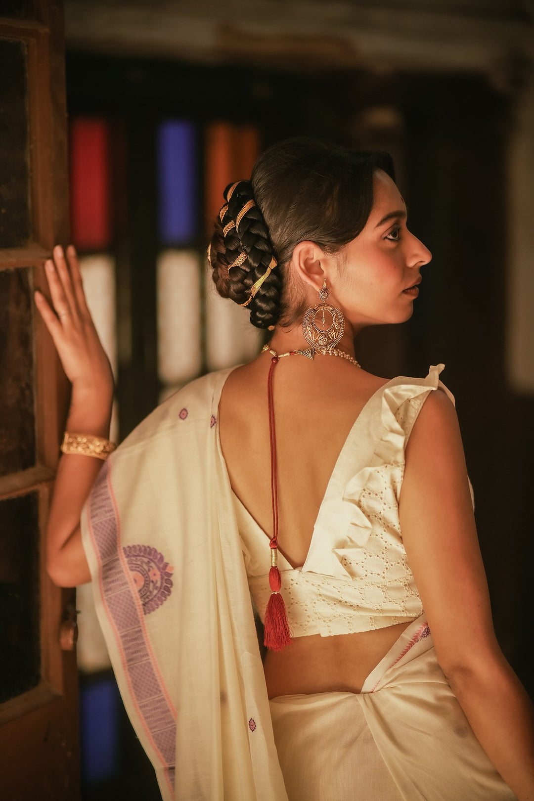 Handcrafted White Frill Floral Hakoba Blouse