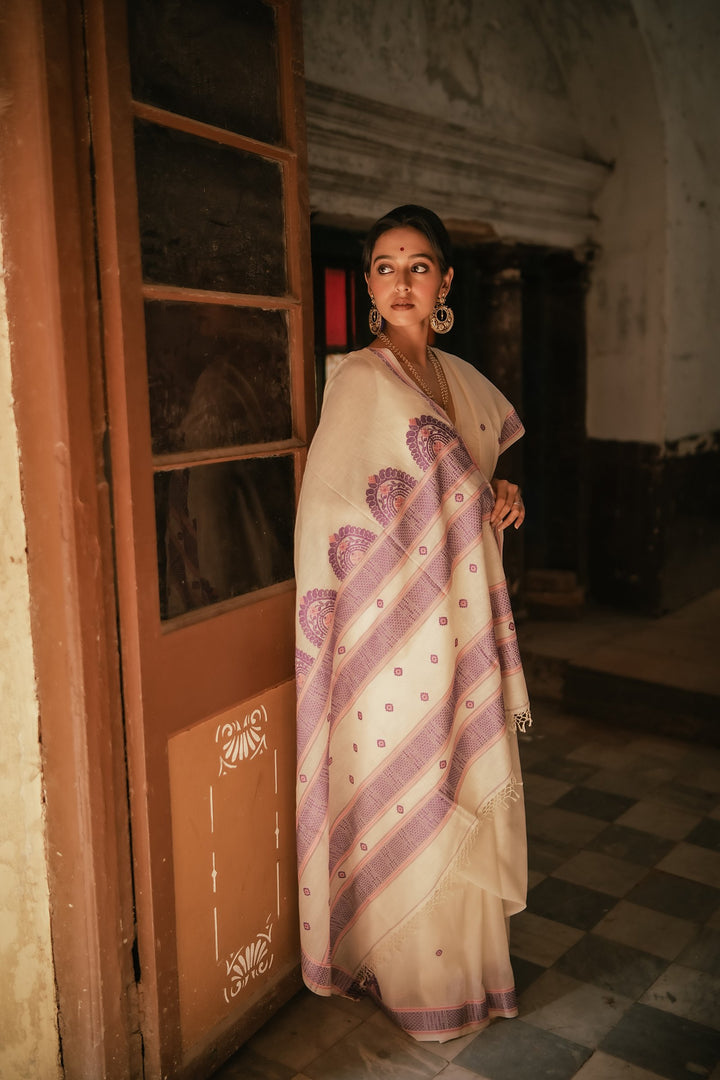 Handwoven Chalchitra Pink Purple Jamdani Saree in White base