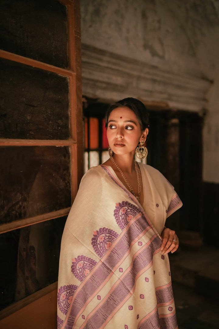 Handwoven Chalchitra Pink Purple Jamdani Saree in White base