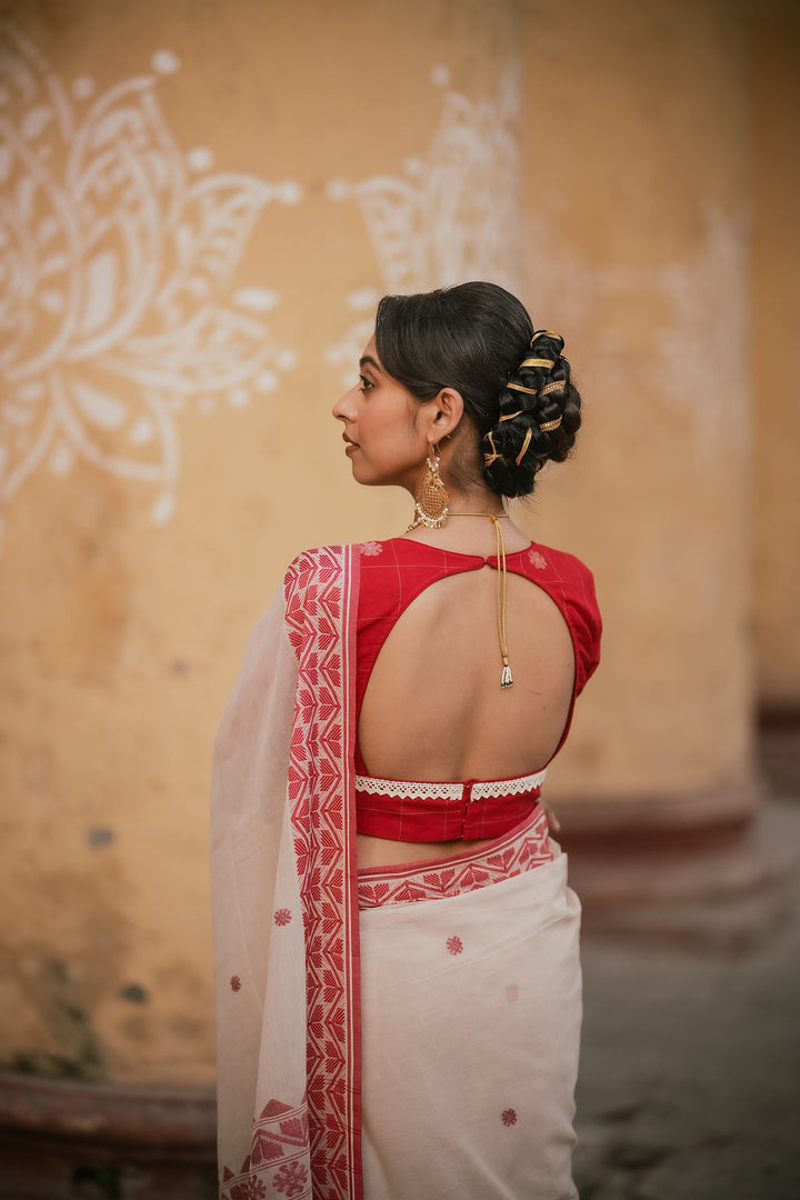 Elite Handwoven Red Floral Check Jamdani Blouse with Lace