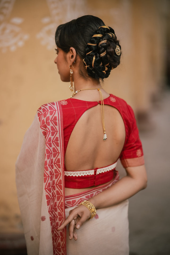 Elite Handwoven Red Floral Check Jamdani Blouse with Lace