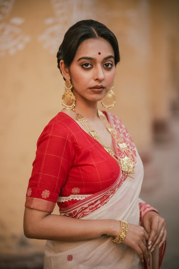 Elite Handwoven Red Floral Check Jamdani Blouse with Lace
