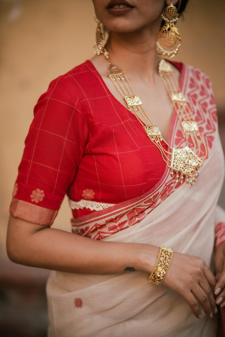 Elite Handwoven Red Floral Check Jamdani Blouse with Lace