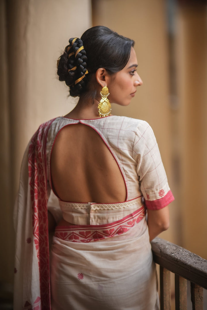 Elite Handwoven White Red Floral Check Jamdani Blouse with Lace