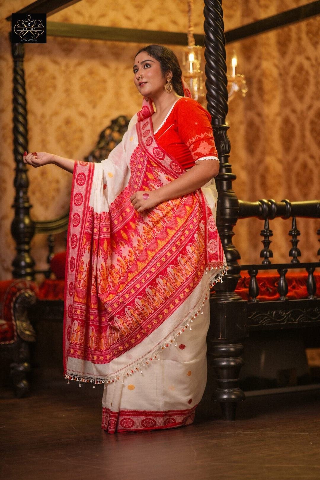 Nandini - Lal Sada Bengali Baluchari Saree