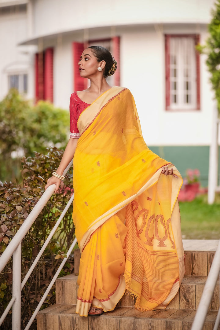 Holud Lal Kalka Jamdani Saree