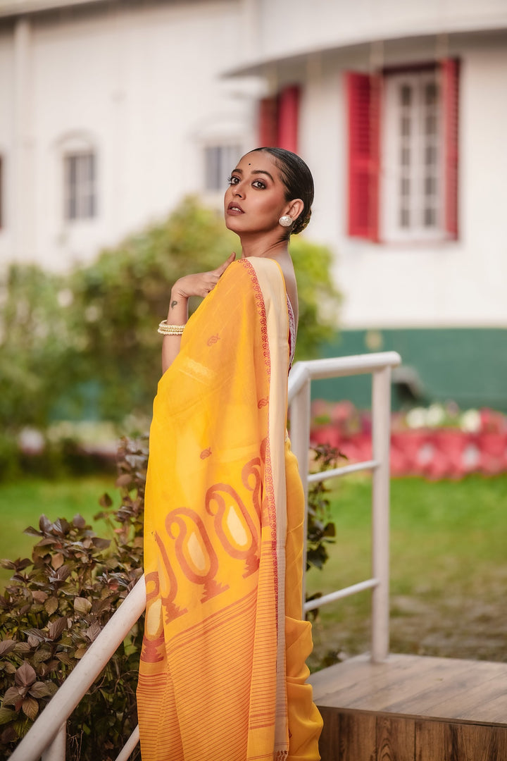 Holud Lal Kalka Jamdani Saree