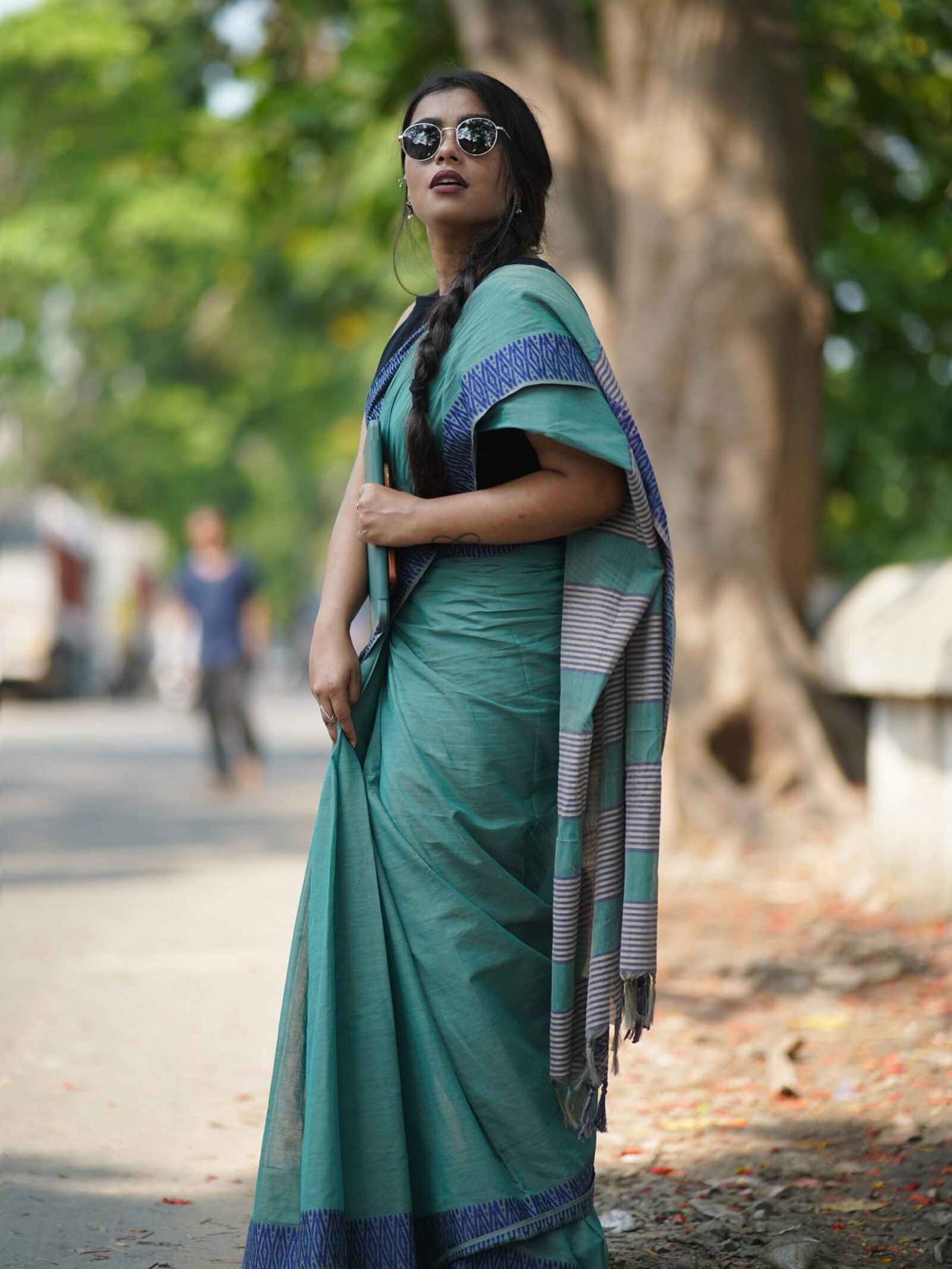 Pastel Green Blue ZigZag Begumpuri Saree