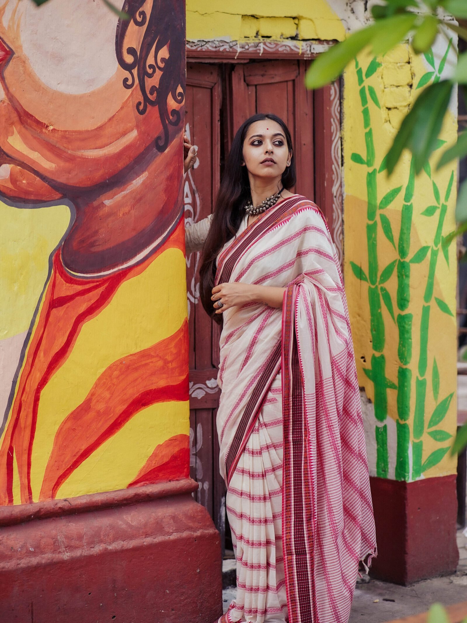 Red White Woodpecker Begumpuri Saree