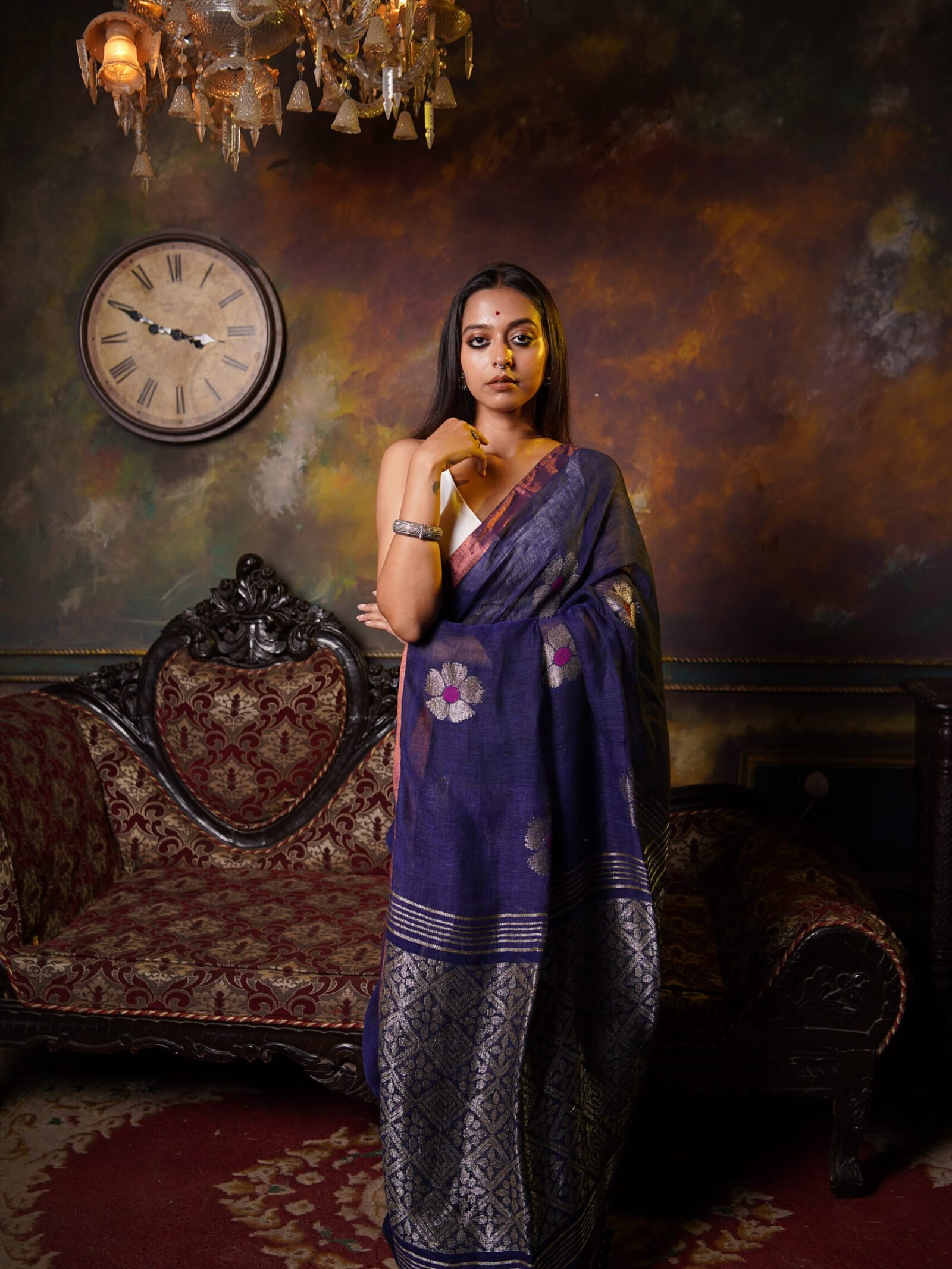 Guldasta – Royal Blue Floral Moon Linen Jamdani