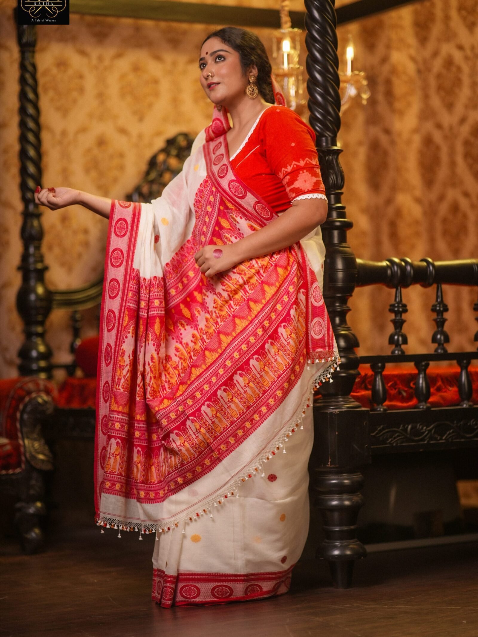 Nandini - Lal Sada Bengali Baluchari Saree