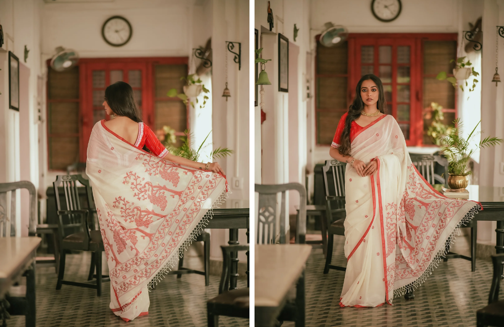 red and white jamdani sarees online