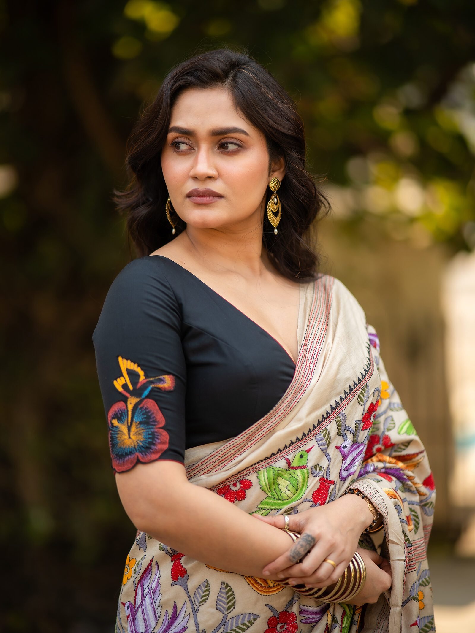 Madhukari Black Kantha Embroidery Silk Blouse