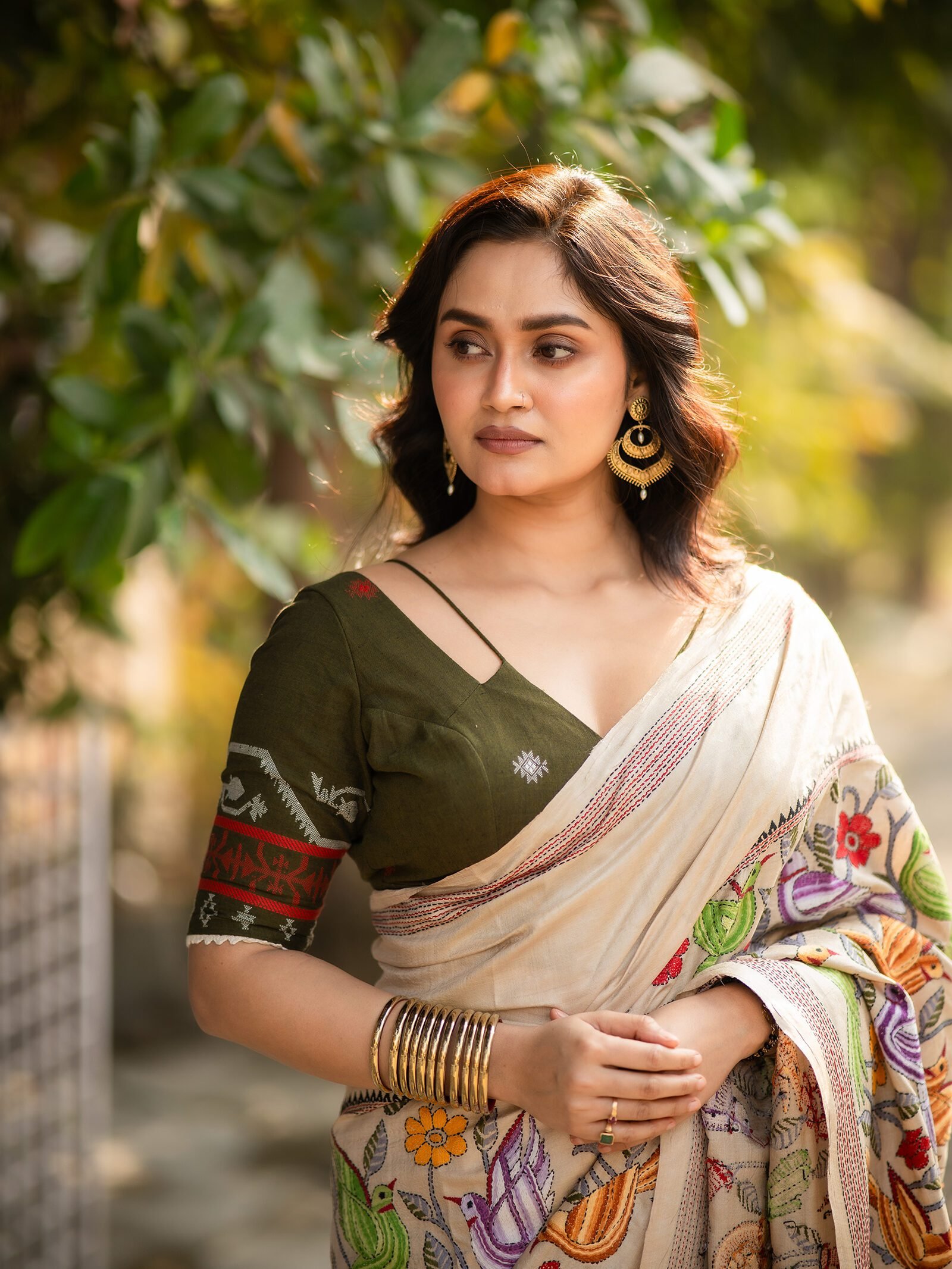 Bonolata Olive Green Bengal Jamdani Cotton Blouse