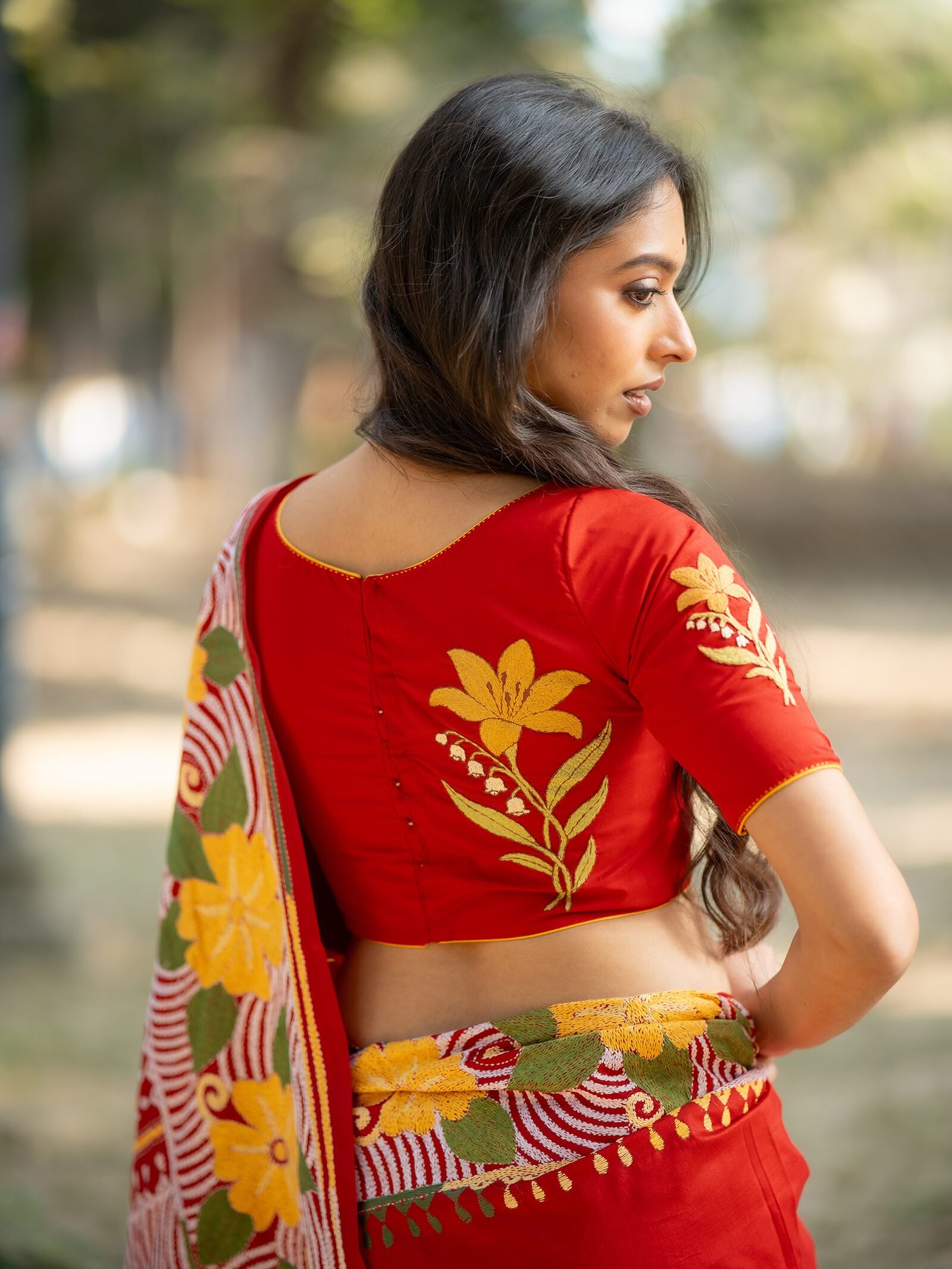 Basanti Tulip Kantha Embroidery Red Silk Blouse
