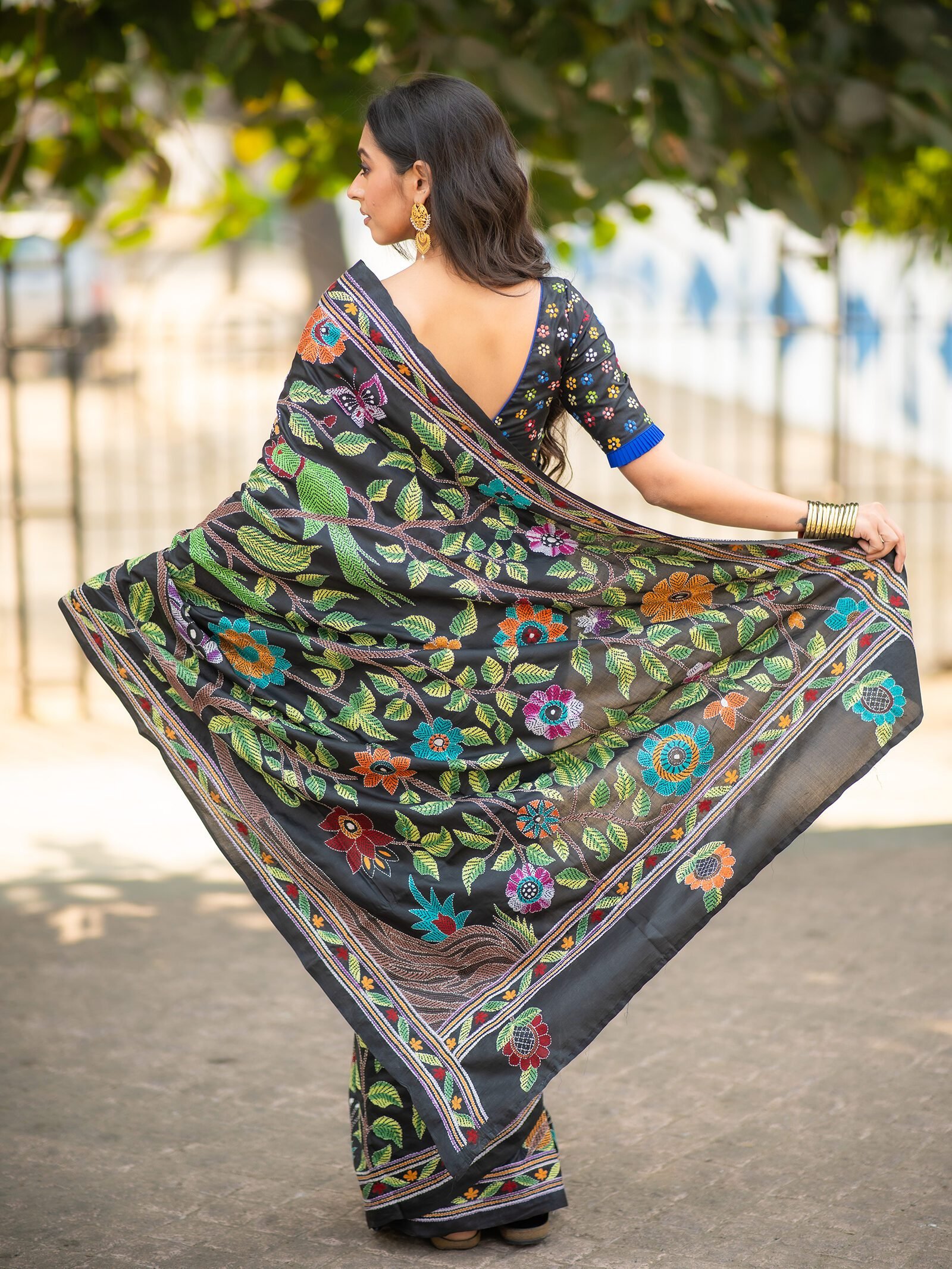 Garden of Threads – Black Pure Silk Kantha Saree with Multicolour Floral Embroidery