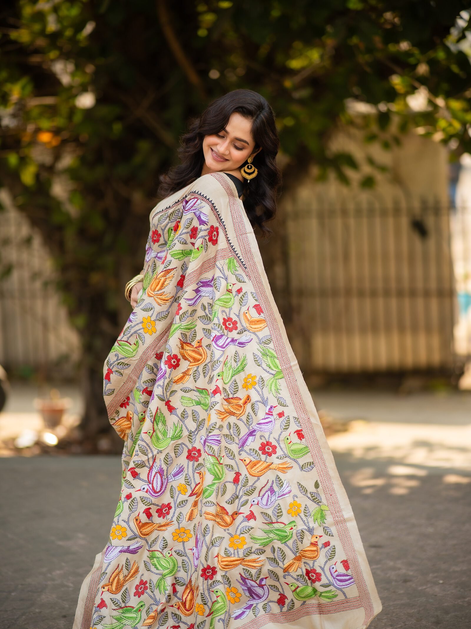 Whispers of the Wild – Pure Tussar Silk Kantha Saree with Pakhi Embroidery