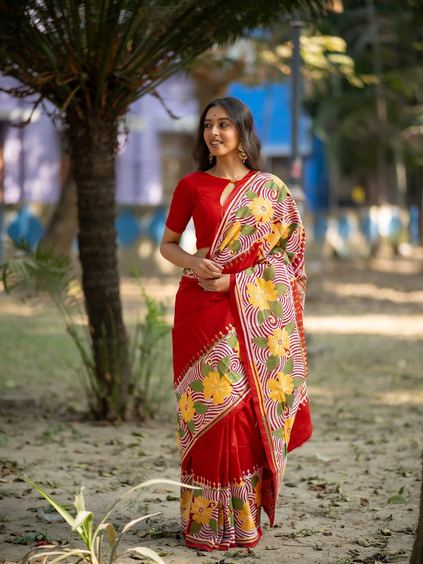 Crimson Botanica – Red Pure Silk Kantha Saree with Floral Embroidery