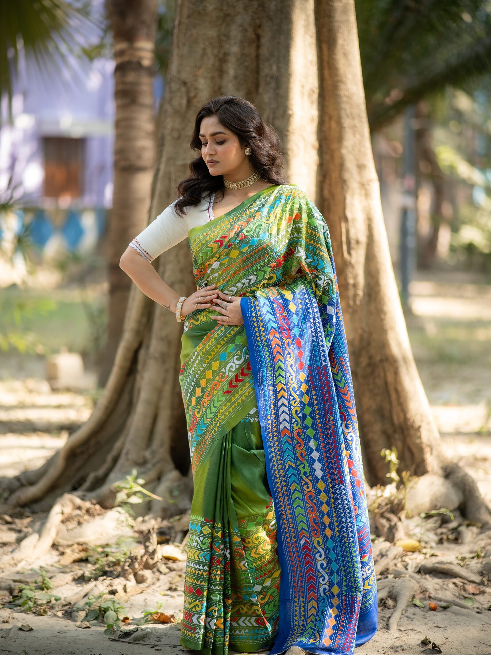Naksha Neelima – Pista Green & Blue Tussar Silk Kantha Embroidery Saree