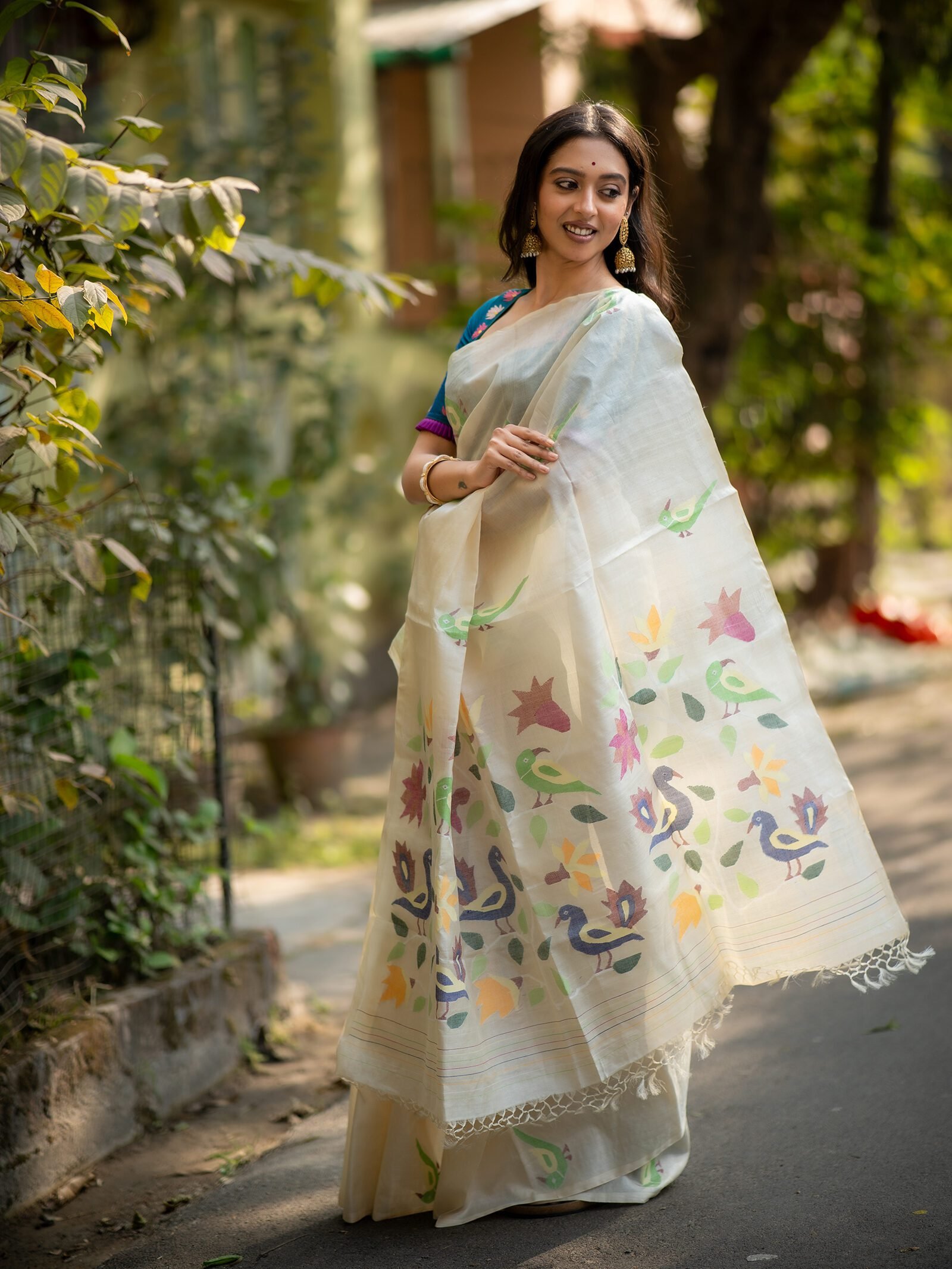 Pakhi Mor Jamini – Pure Tussar Silk Saree with Handwoven Peacock, Parrot & Floral Needlework