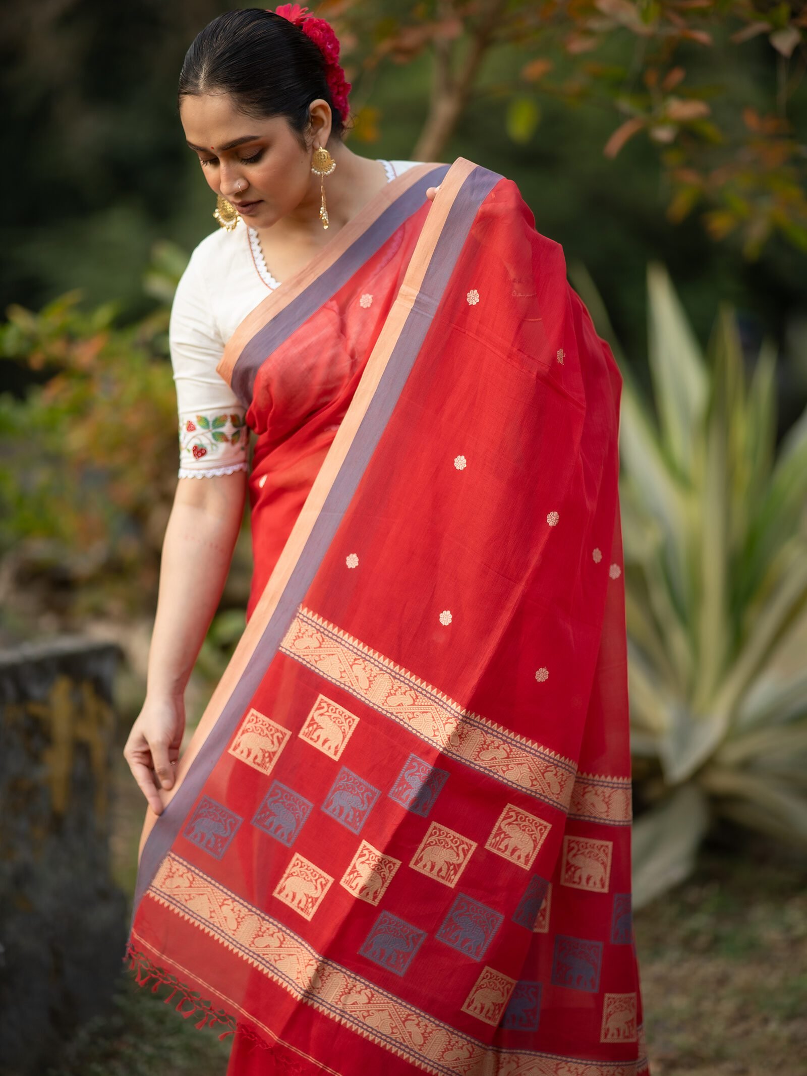 GajKatha – Red Baluchari Cotton Saree
